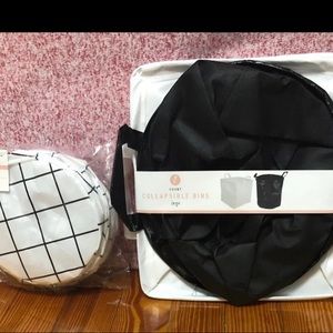 5 collapsible bins (2 large white/black) (3 small white plaid bin)